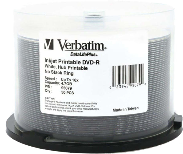 Verbatim DVD-R 4.7GB 16x White Wide Inkjet Printable 50pk on Spindle