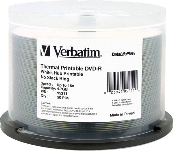 Verbatim DVD-R 4.7GB 16x Wht Wide Thermal Printable 50 Pack on Spindle