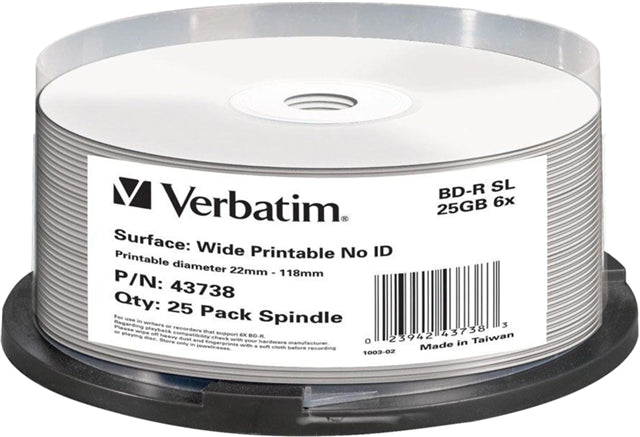 Verbatim BD-R 25GB 6X White Wide Printable 25 Pack on Spindle