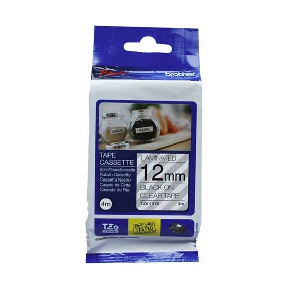 Brother TZe-131S 12mm x 4m Black on Clear Laminated Tape