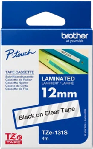 Brother TZe-131S 12mm x 4m Black on Clear Laminated Tape