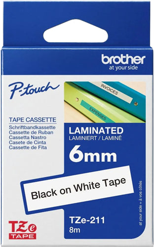 Brother TZe-211 6mm x 8m Black on White Tape