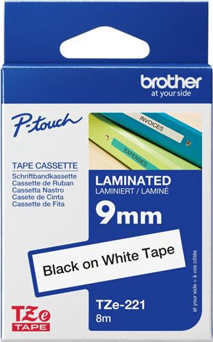 Brother TZe-221 9mm x 8m Black on White Tape