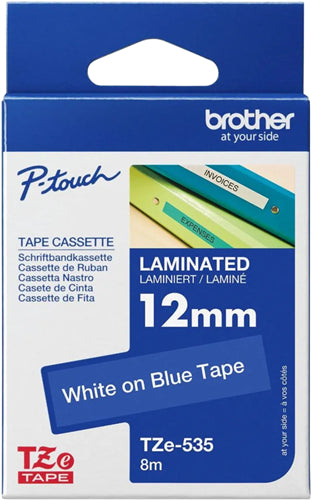 Brother TZe-535 12mm x 8m White on Blue Tape