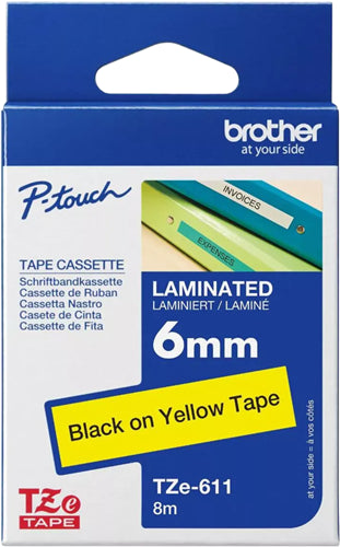 Brother TZe-611 6mm x 8m Black on Yellow Tape