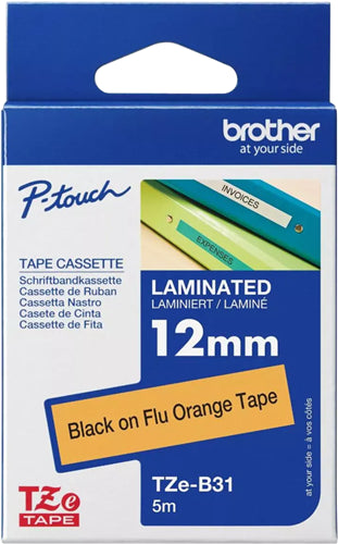 Brother TZe-B31 12mm x 8m Black on Fluro Orange Tape