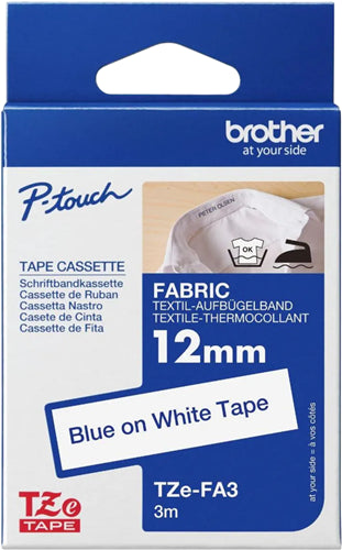 Brother TZe-FA3 12mm x 3m Blue on White Fabric Tape