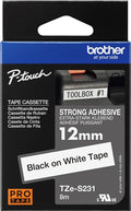 Brother TZe-S231 12mm x 8m Extra Strength Black on White Tape