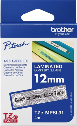 Brother TZEMPSL31 12mm x 4m P-Touch Black on Silver Lace Tape