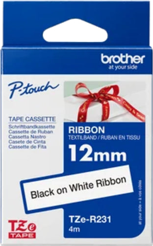 Brother TZe-R231 12mm x 4m Black on White Ribbon Tape