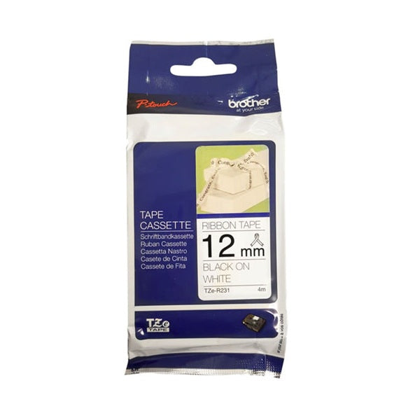 Brother TZe-R231 12mm x 4m Black on White Ribbon Tape