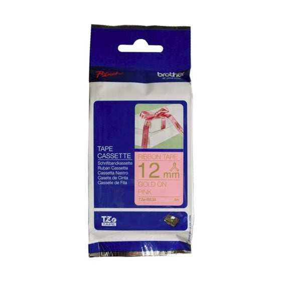 Brother TZe-RE34 12mm x 4m Gold on Pink Ribbon Tape