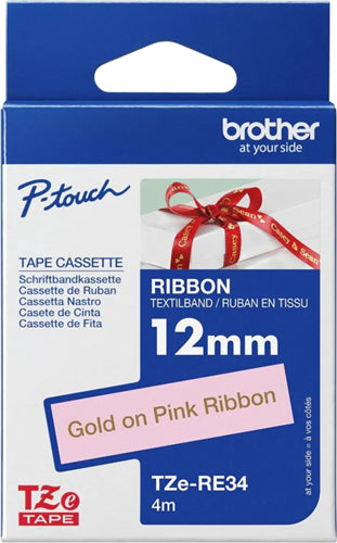 Brother TZe-RE34 12mm x 4m Gold on Pink Ribbon Tape