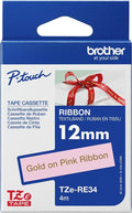 Brother TZe-RE34 12mm x 4m Gold on Pink Ribbon Tape