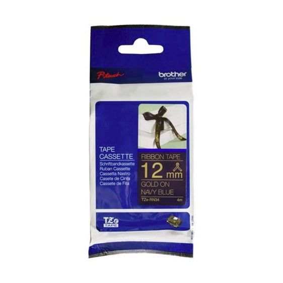 Brother TZe-RN34 12mm x 4m Gold on Navy Ribbon Tape