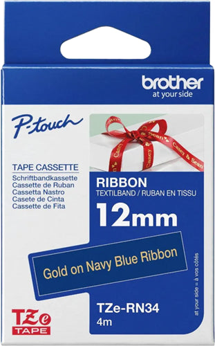 Brother TZe-RN34 12mm x 4m Gold on Navy Ribbon Tape