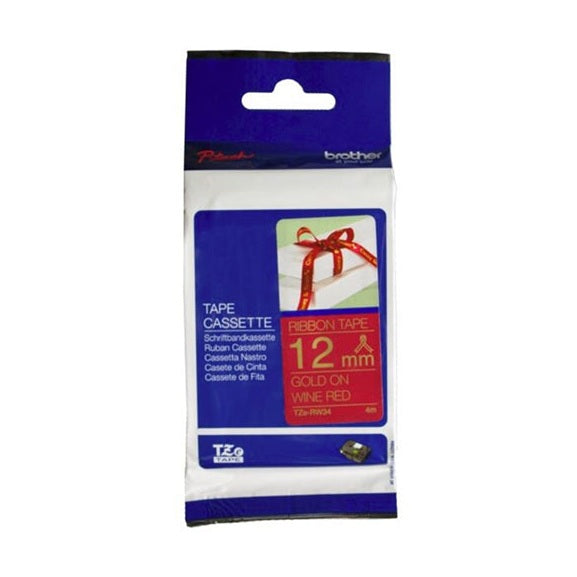 Brother TZe-RW34 12mm x 4m Gold on Wine Red Ribbon Tape