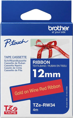 Brother TZe-RW34 12mm x 4m Gold on Wine Red Ribbon Tape