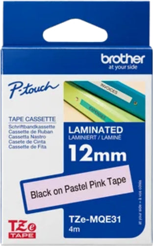 Brother TZe-MQE31 12mm x 4m Black on Pastel Pink Tape