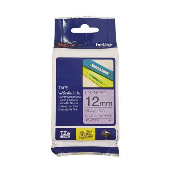 Brother TZe-MQF31 12mm x 4m Black on Pastel Purple Tape