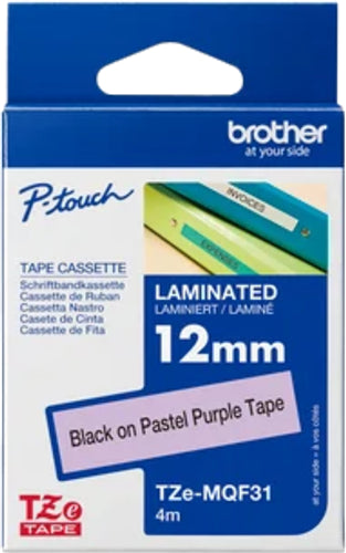 Brother TZe-MQF31 12mm x 4m Black on Pastel Purple Tape