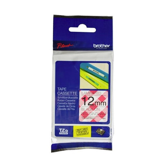 Brother TZe-MPRG31 12mm x 4m Black on Red Gingham Tape