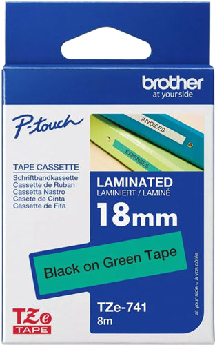 Brother TZe-741 18mm x 8m Black on Green Tape