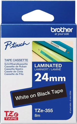 Brother TZe-355 24mm x 8m White on Black Tape
