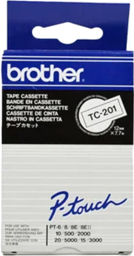 Brother TC-201 12mm x 8m Black on White Label Tape