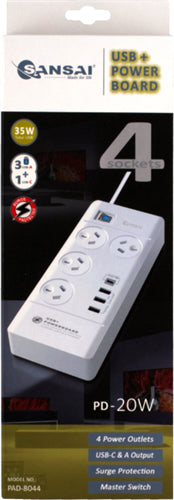 Sansai 4 Way Surge Powerboard with 3 x USB-A & 1x USB-C