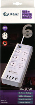 Sansai 6 Way Surge Powerboard with 3x USB, 1x USB-C Charging Ports