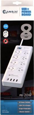 Sansai 8 Way Surge Powerboard with 3x USB, 1x USB-C Charging Ports