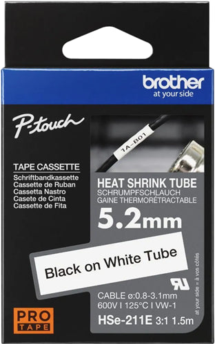 Brother HSe-211E 5.2mm x 1.5m Black on White Heat Shrink Tape