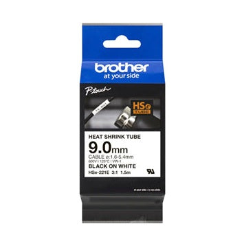 Brother HSe-221E 9.0mm x 1.5m Black on White Heat Shrink Tape