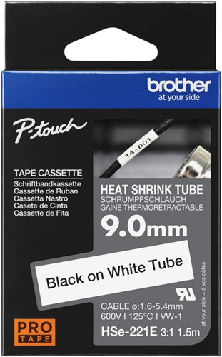Brother HSe-221E 9.0mm x 1.5m Black on White Heat Shrink Tape