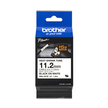 Brother HSe-231E 11.2mm x 1.5m Black on White Heat Shrink Tape