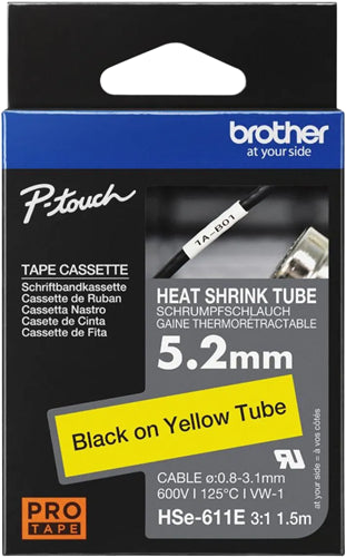 Brother HSE611E 5.2mm x 1.5m Black on Yellow Heat Shrink Tape